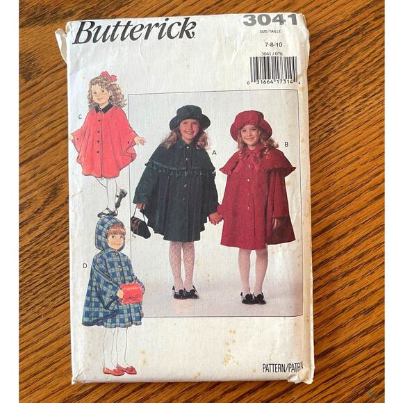 UNCUT Vintage 1990s Sewing Pattern Butterick 3041 Girls Size XS - M Cape and Hat - Picture 1 of 2